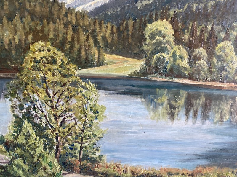 Willi Han ..Illegible Signed Spring Alps Oil Painting Lake Shore Frame Old gallery
