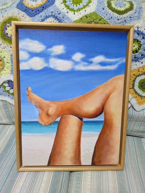 Vintage Original Frame 12×16 Beach Sunbather Portrait On Canvas Acrylic & Sand