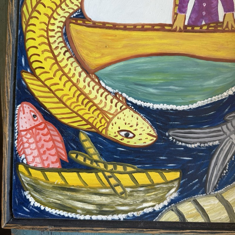 Painting On Board By Enick Brice Caribbean Folk Art Gift Bold Colors Fish Boats gallery