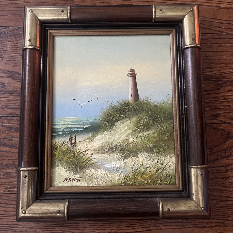 VTG Coastal Lighthouse Textured Beach Scene Oil Painting Wood Brass Frame Newton