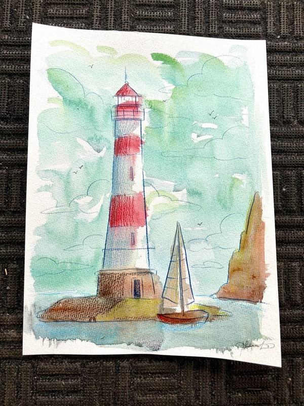 Original Light House 2 Painting By Alannah Dyer- Acrylic 9x12 in. Beach Sailing gallery