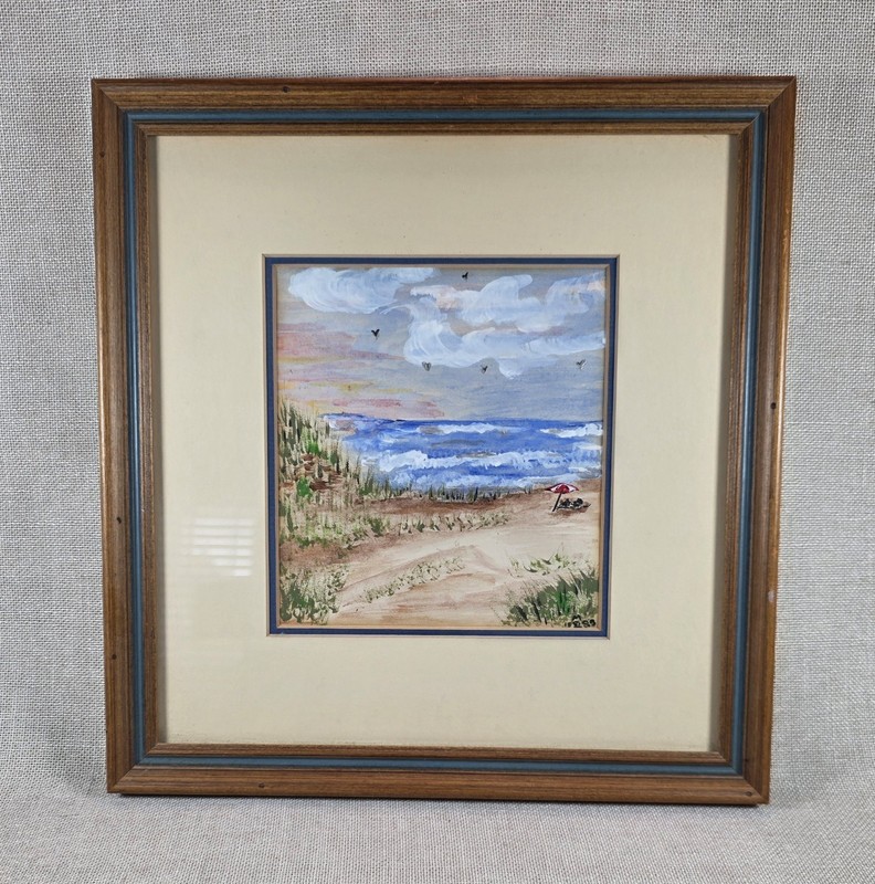Vtg Coastal Landscape Painting Beach Waves Dunes Seagulls Signed Framed