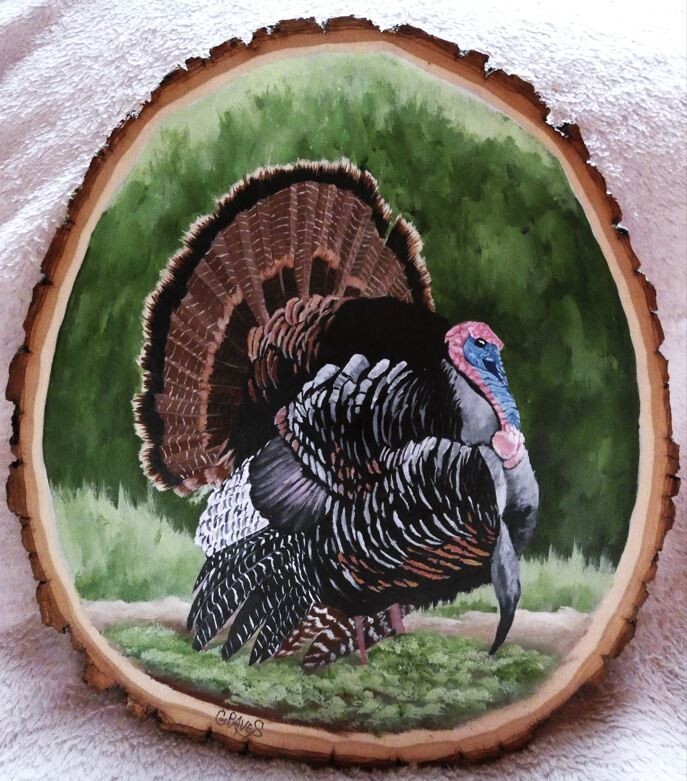 Hand Painted Wild Turkey On Live Edge Basswood By Phyllis