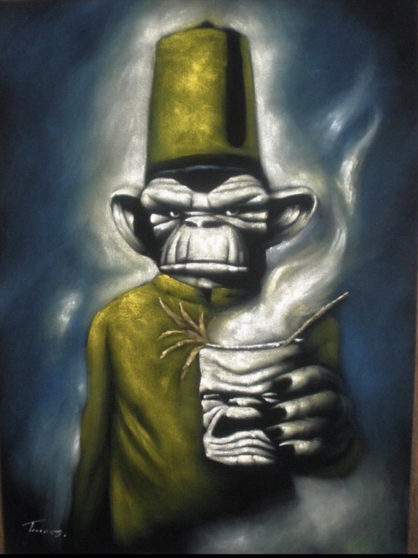 Special Price Monkey Fez Tiki Hawaiian black velvet oil painting Art