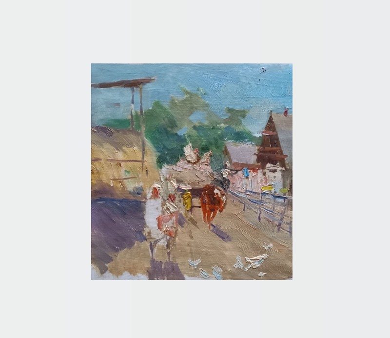 Oil painting In Village Ukrainian painter cardboard original primitive genre art