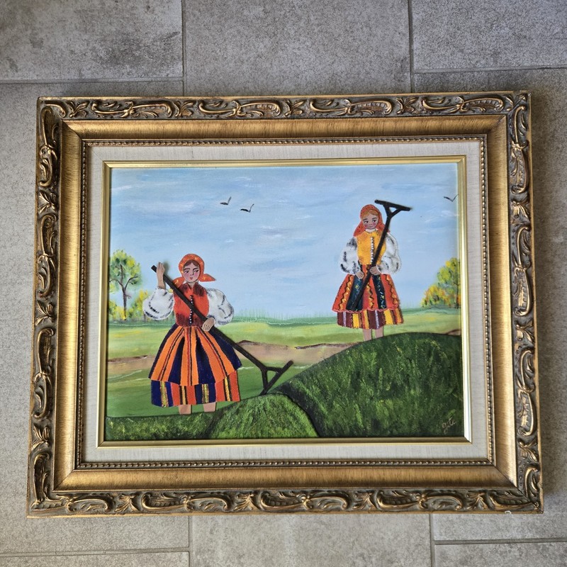 Eastern European Folk Art Fabric Painting Signed GITA Framed 20×24