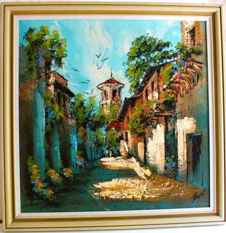 VINTAGE LARGE OIL PAINTING Royal Board Swedish SIGNED OLD RUSTIC VILLAGE STREET