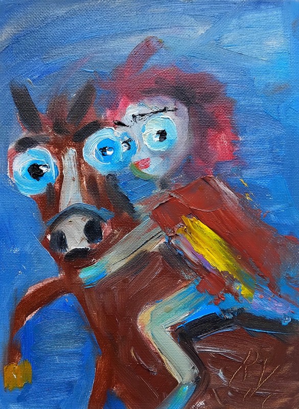Horse rider 7.5×9″ oil painting handmade fun original artwork, cowboy cowgirl