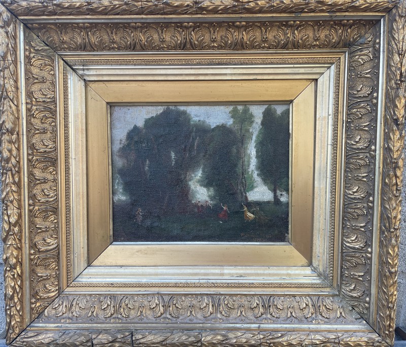 Rare Paul Dubois Paris Landscape W/ Figures Oil Painting 1876 France 1829-1905