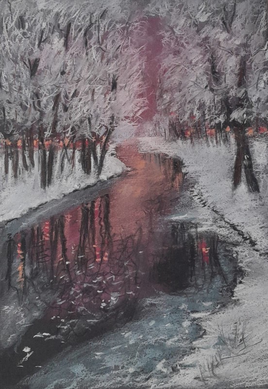 Original Winter Landscape Pastel / Paper Painting – Glowing Stream – 8.3×11.4 in