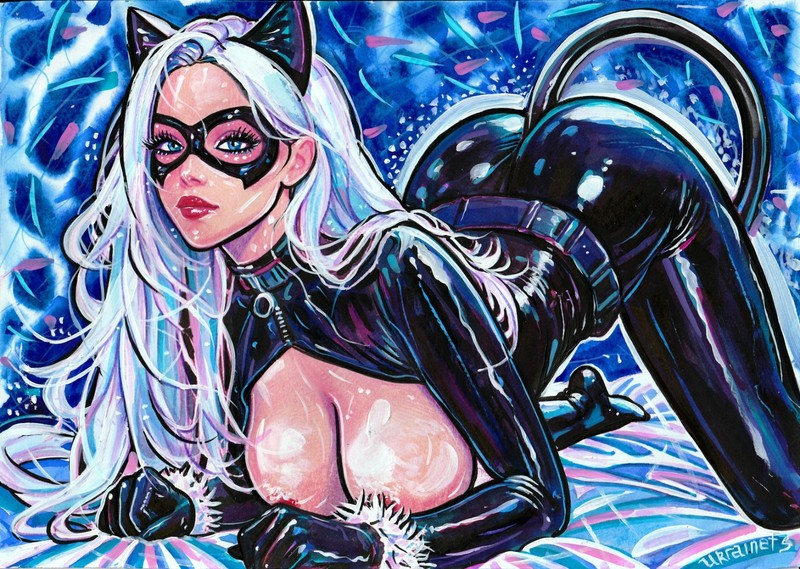 Original Painting A4 Felicia Hardy Black Cat Fan Art Comics Fantasy Marvel OOAK gallery