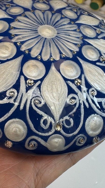 Distressed Blue And Pearl Mandala - Hand Painted Handmade Stone - By JaDeL gallery