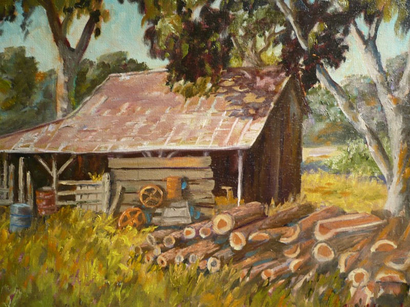 LEOLA SHIREK, OIL LOG CABIN IN WILDERNESS RURAL LANDSCAPE VINTAGE CALIFORNIA ART gallery