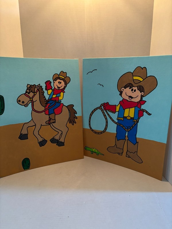 Hand Painted Set of 2 Cowboy Paintings Cartoon Characters Unsigned Originals