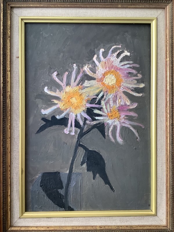 French Modernist Minimalist Oil 1950’s – Still life Floral – Dahlias in a Glass