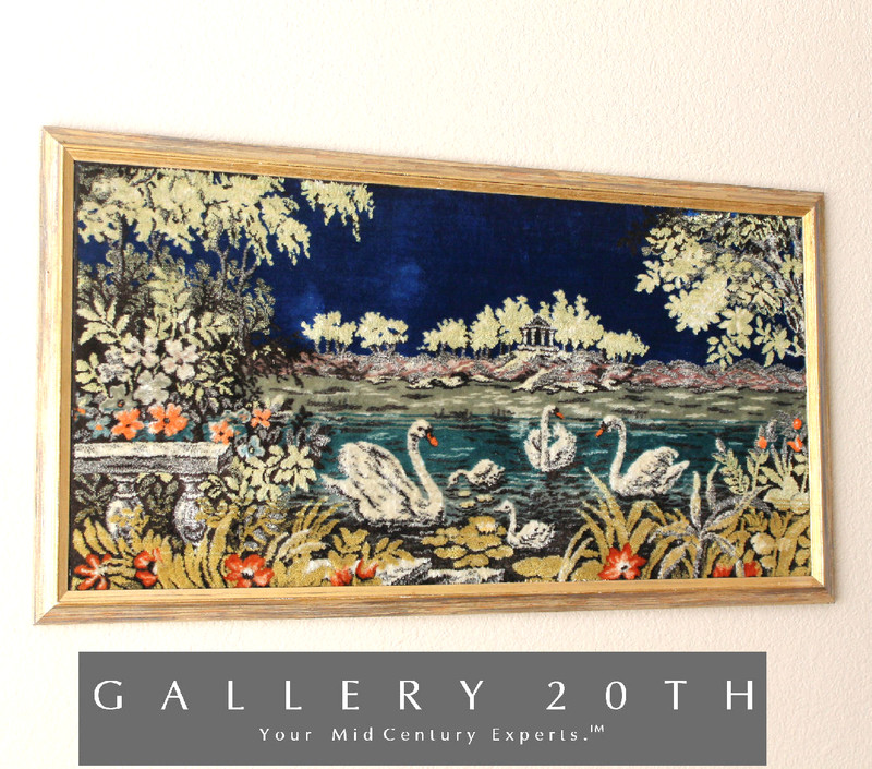 LOVELY! PASTORAL LANDSCAPE TAPESTRY! SWAN VTG 50’S MID CENTURY WALL ART PAINTING