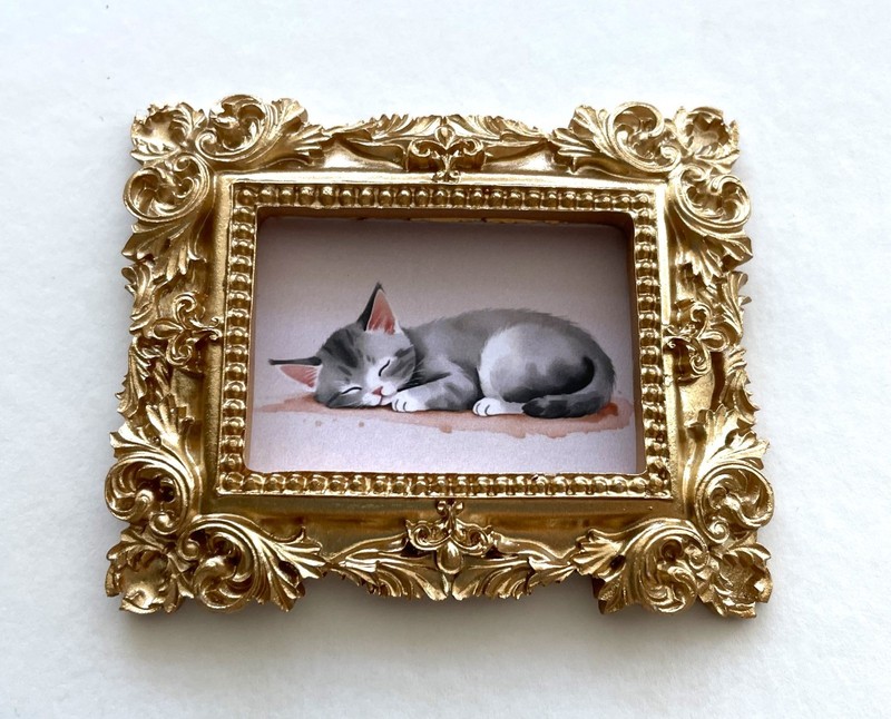 Sleeping Cat Framed Tiny Miniature Mini ART PRINT Gold Ornate Frame NOT ACEO