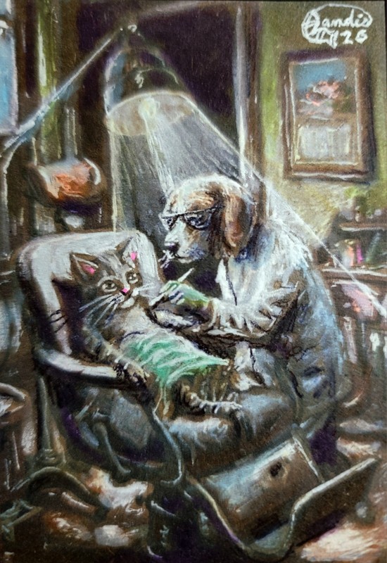 ACEO Jacob Landis Kitty Beagle Tabby ORIGINAL Art Print # Of /25 «Doggy Dentist»