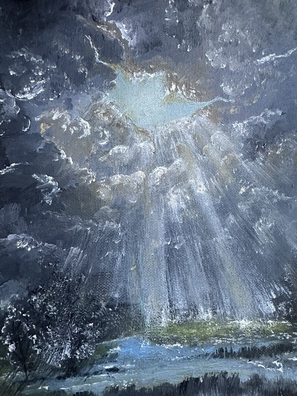 Original Impressionist Landscape Painting Storm Clouds Sun Rays, Unframed