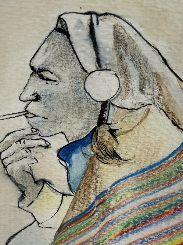 Original 1984 Ross S. Johnson Native American Smoking Pipe Painting 11x8 Vintage