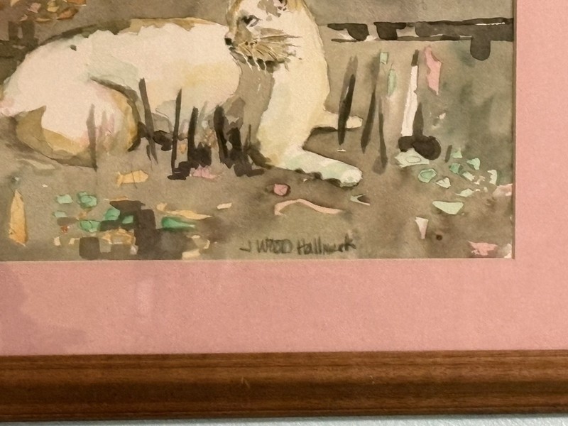 VTG Painting J Wood Hallmark Watercolor Abstract Cat 17x21 Signed Matted Framed gallery