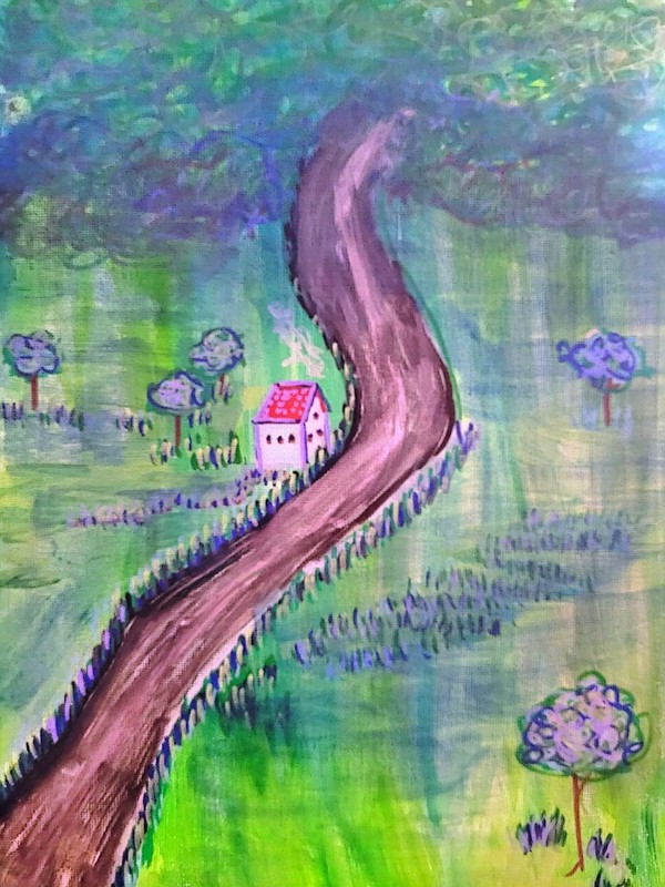 Winding Road to Home Original Acrylic Painting Whimsical Folk Landscape gallery