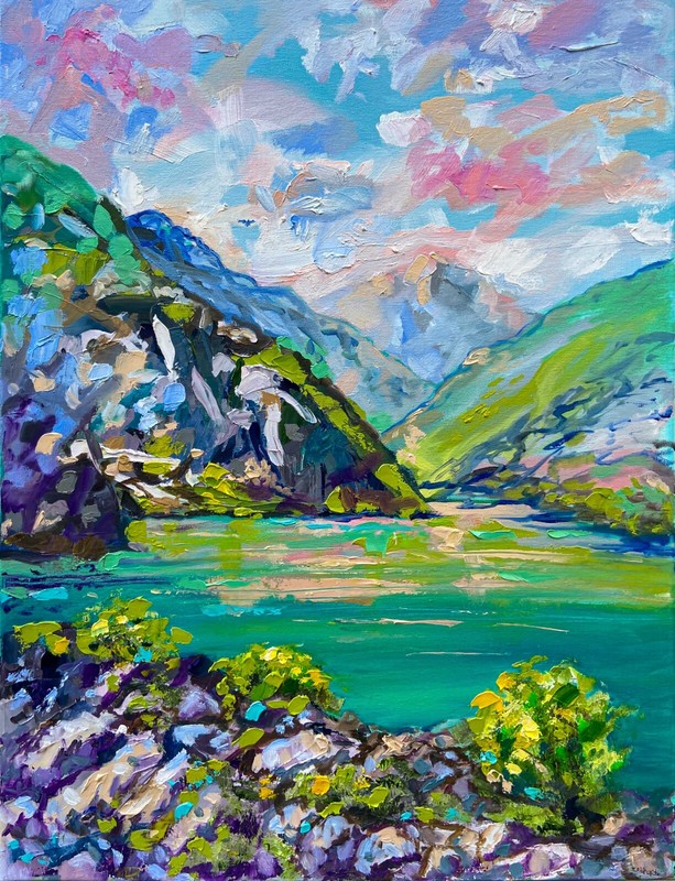 Original art oil painting Landscape mountain artwork Lake wall art 18×24″