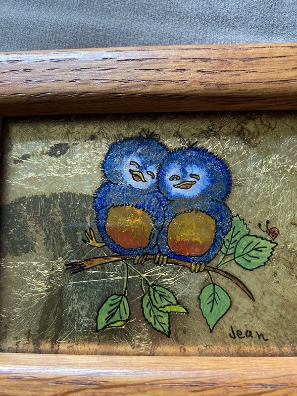 Vintage Mid Century Jean Perlmutter Gold Leaf Miniature Painting Bluebirds 5x4” gallery