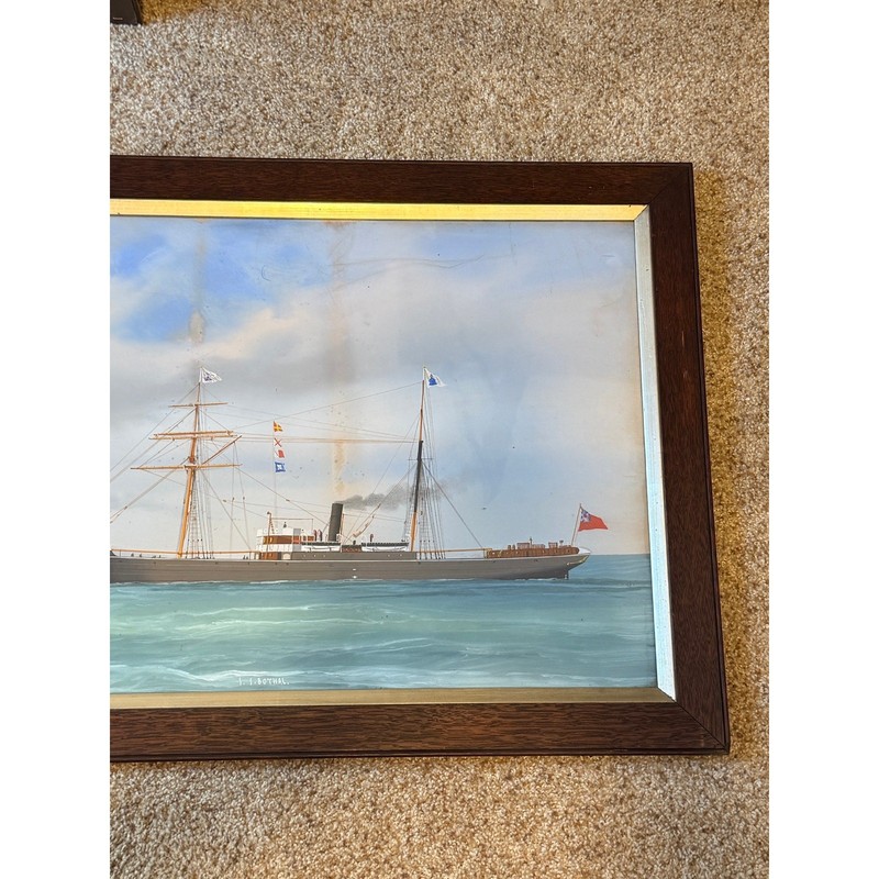 Antique SS Bothal Merchant Steamship Pierhead Portrait Painting Wood Board Back gallery