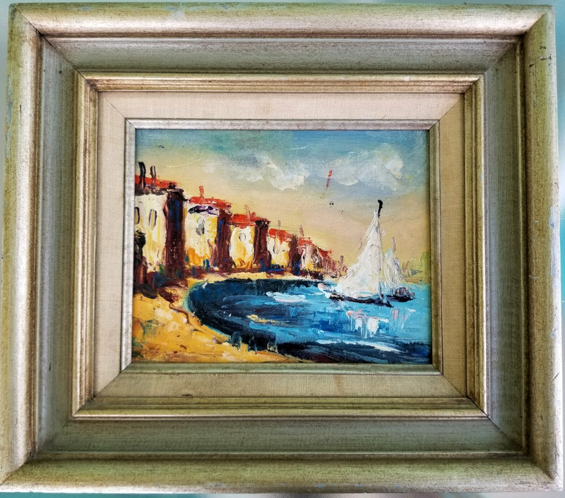 Signed Oil Painting Coastal Seascape Sailboat Cityscape