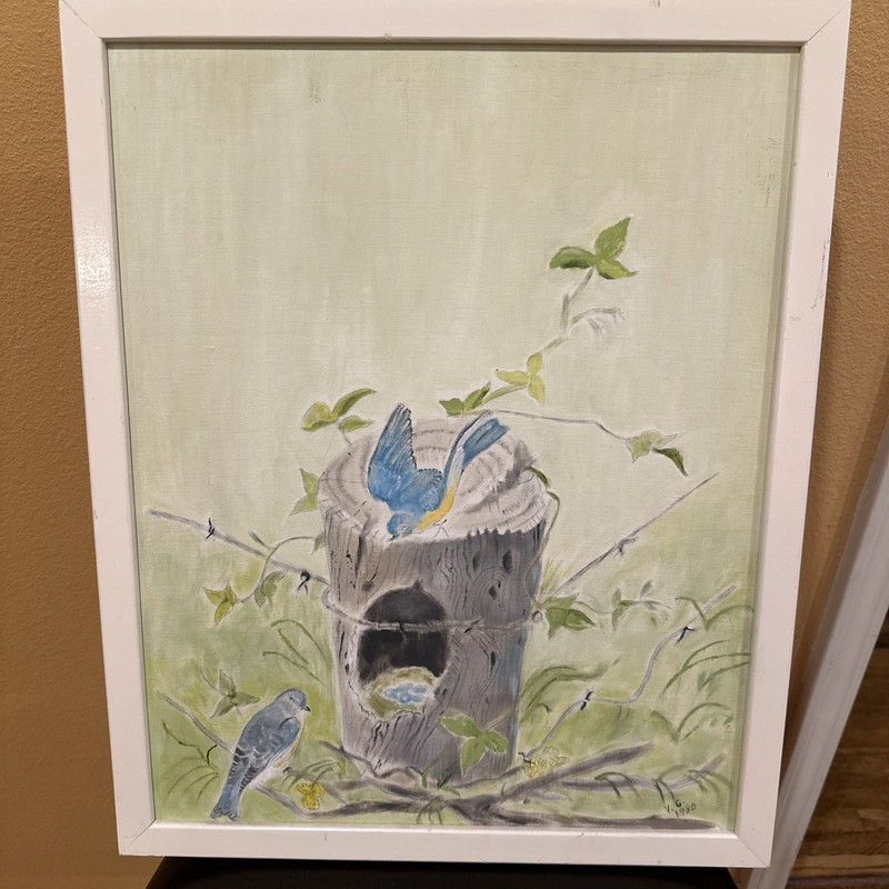 Bluebird and Morning Glories Acrylic Painting Framed 21”x17”Original Art Canvas