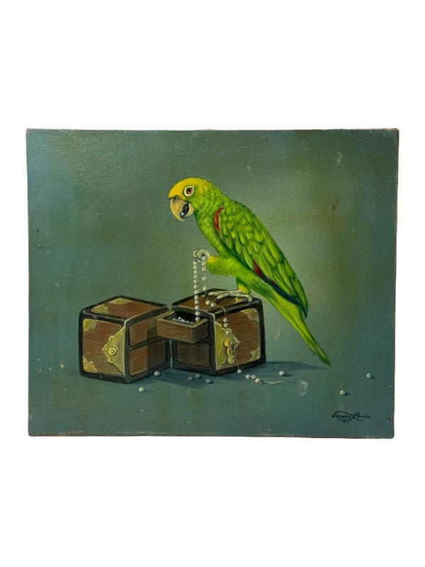 Vintage Oil Painting on Canvas Parrot and Jewelry Box Signed