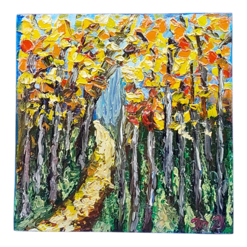Autumn Forest 3D Original Painting Mountains Semi Abstract Handmade Wall Art 6×6