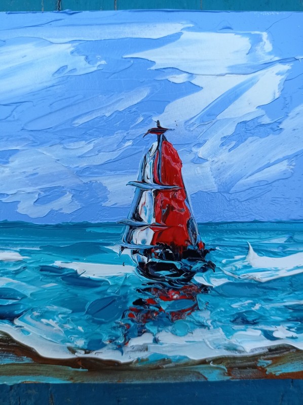 Original Painting Island Art Tropical Sailboat at sunset Oil Art Seascape 4 x 4 gallery