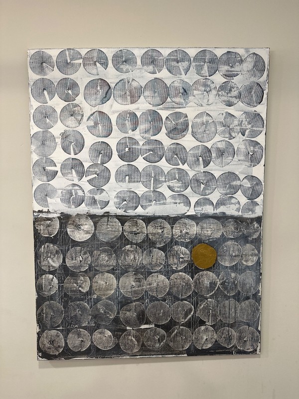 Large Abstract Painting white black and grey with gold accents titled 36×48 in