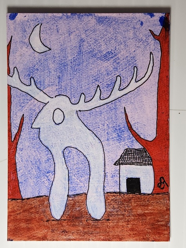 e9Art ACEO strange reindeer outsider art brut naive