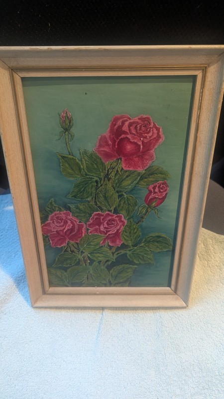 Vintage Framed Rose Painting on Board Charming Floral Signed