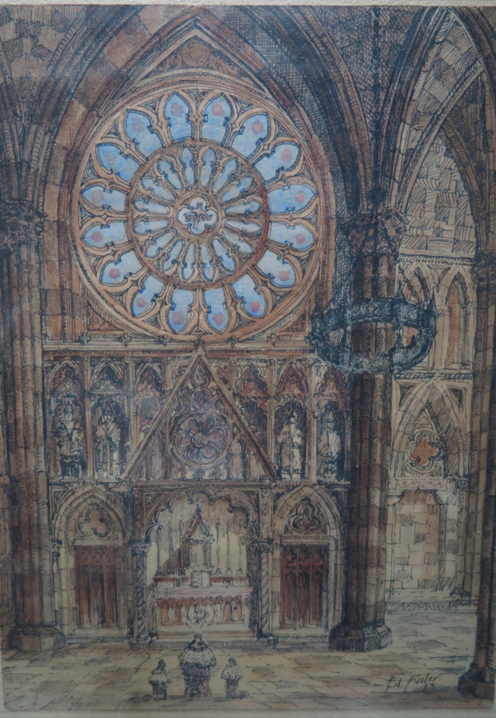 Vintage Gothic Cathedral Illustration Signed Ed Fisler 1933 Ink and Watercolor gallery
