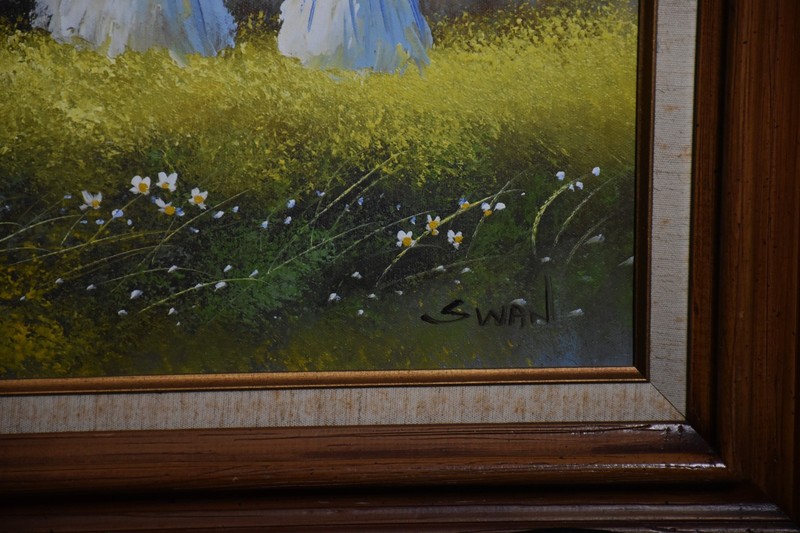Vintage Oil Painting On Canvas By SWAN, Forest Landscaping, wood frame 30” x42” gallery