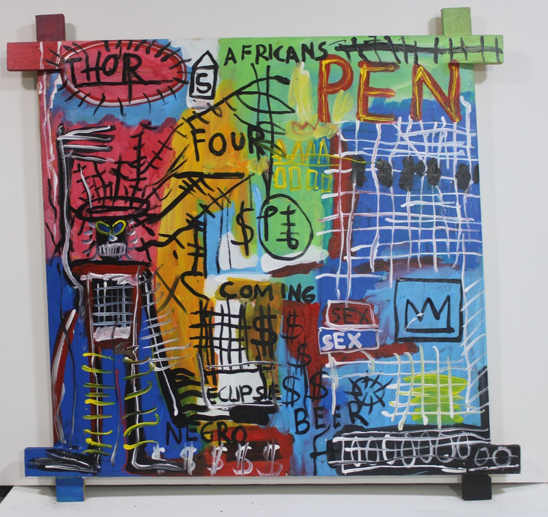 JEAN-MICHEL BASQUIAT ACRYLIC ON CANVAS 1982 WITH TIED WOOD SUPPORTS 35 X 35 in