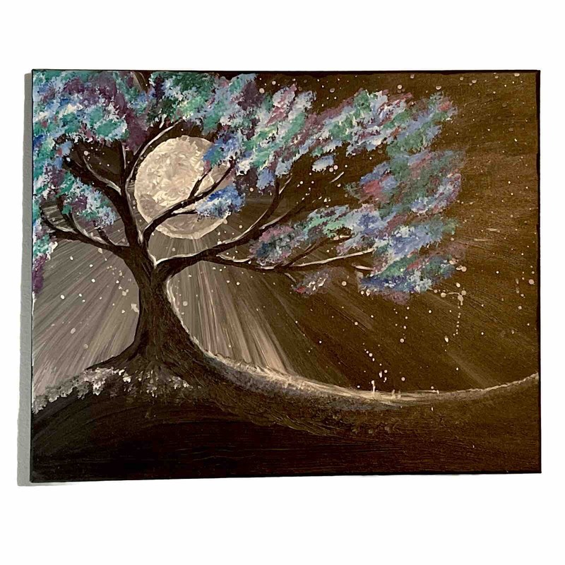 Acrylic Moonlit Scene Painting On Canvas Panel – 16×20″ – Blue Green Purple Tree