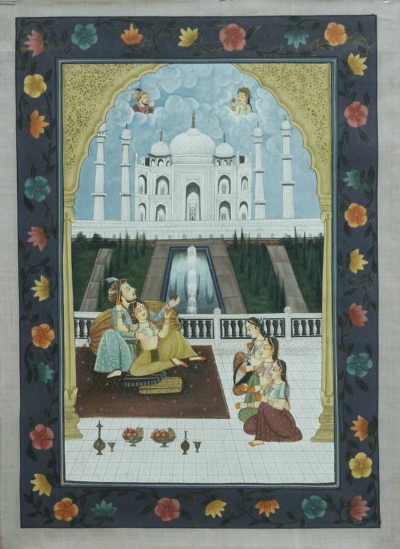 Indian Miniature Painting Of King & Queen Love Scene View Of Taj 16×22 Inches