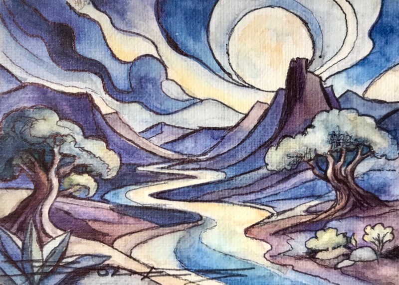 ORIGINAL Painted Pen and Watercolor (ACEO) Desert Moon