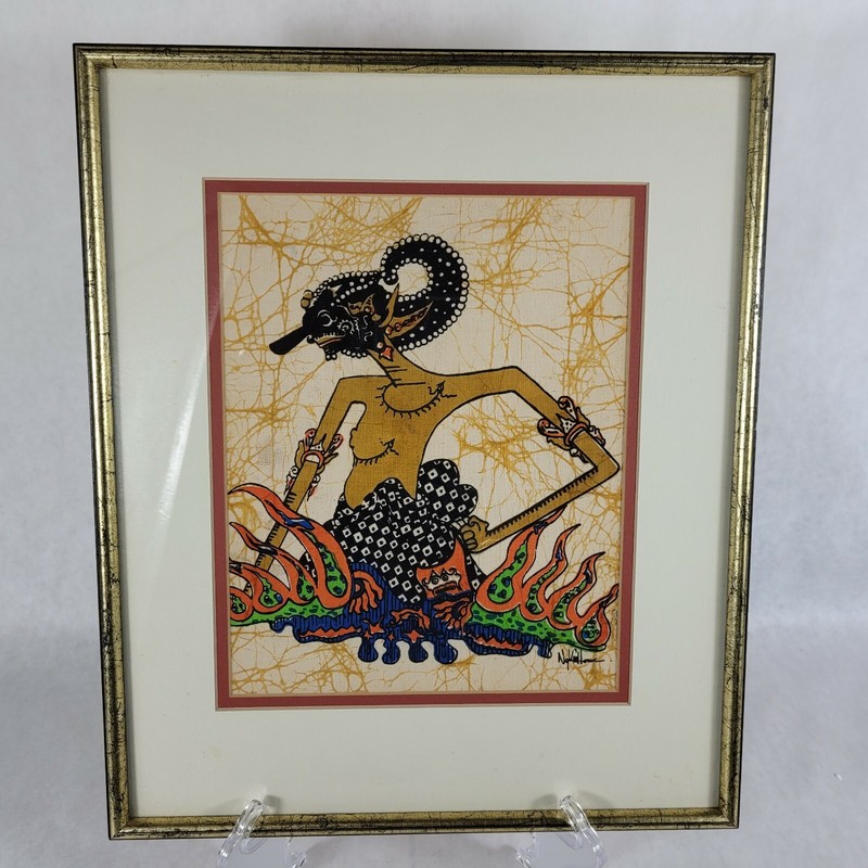 Hindu Fabric Painting of Arjuna Wayang Kulit Shadow Puppet Framed 16 x 13 gallery