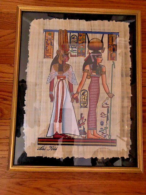 Hand Painted Papyrus Egypt Queen Nefertiti & Goddess Hathor Framed Art Signed