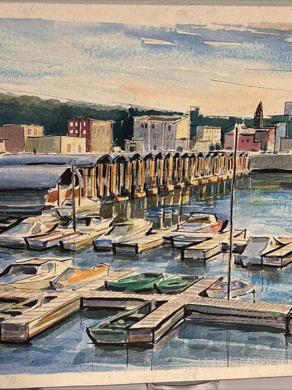 Margaret Dietrich Watercolor Boat Ship Harbor Docks Signed gallery