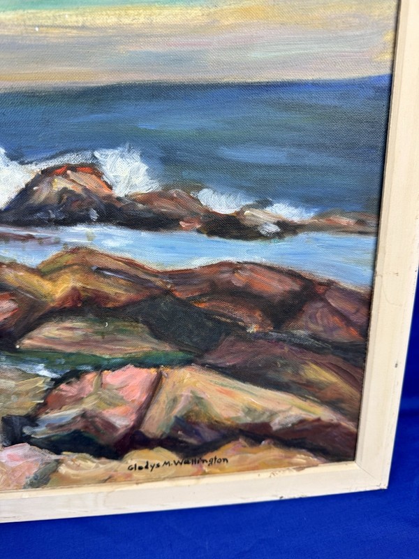 C.1965 Oil on Panel COASTAL Landscape 20" x 16" Gladys Wellington, Somerville MA gallery