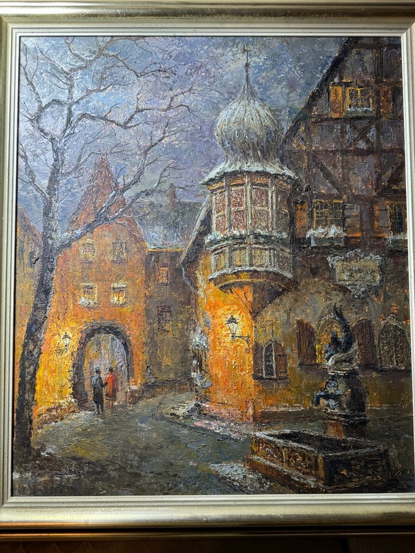 Large "European City Street Scene With Figures" Acrylic Painting - Framed gallery