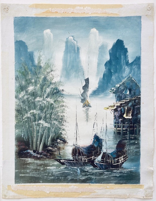 1950s Impasto Oil Painting Art Blue Harbor Fishing Boats Asian Landscape 17x13" gallery