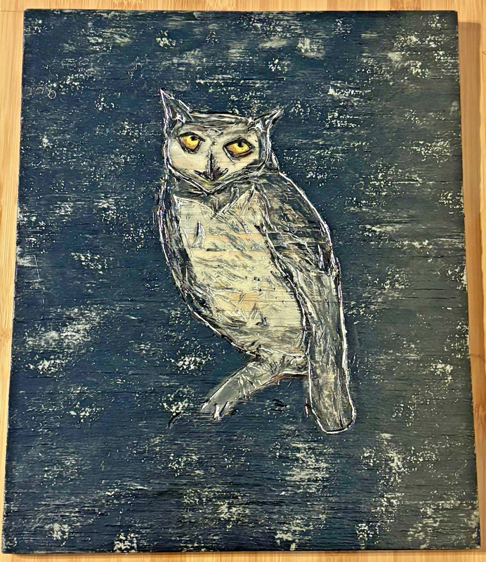 Abstract Owl Animal Nature Wall Art Wood Burn Silver Gray Black Home Decor